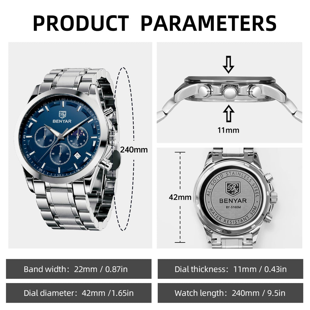 BENYAR BY Uhren Herren Chronograph Analog Quarz Wasserdicht Datum Armbanduhr Herren Mode Business-Kleid Herrenuhr Elegantes Geschenk fur Männer