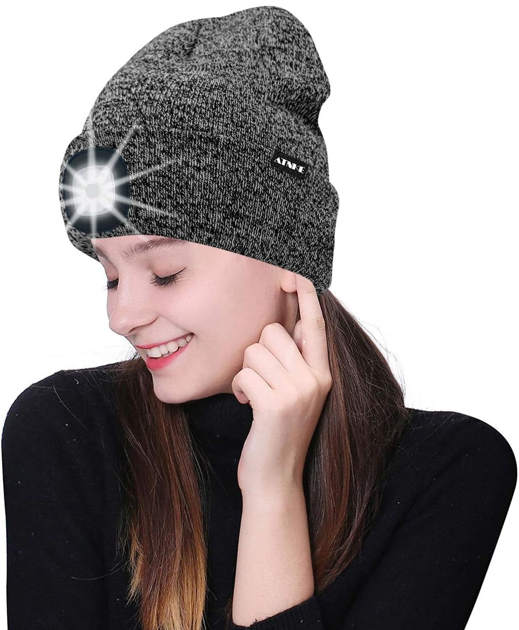 ATNKE LED Beleuchtete Mütze,Wiederaufladbare USB Laufmütze mit Licht Extrem Heller 4 LED Lampe Winter Warme Stirnlampe für Herren und Damen Geschenke