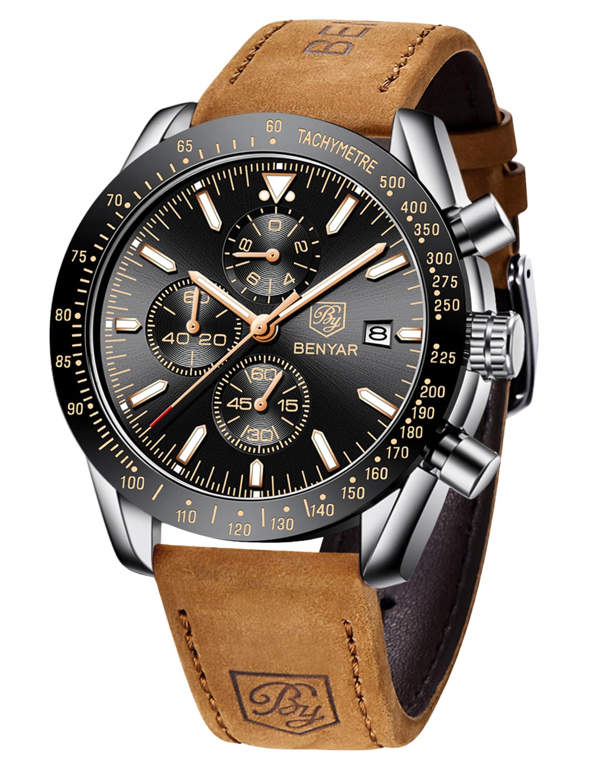 BENYAR Uhren Herren Analog Quarz Chronograph Herrenuhren Wasserdicht Datum Lederband Armbanduhr Lässig Business-Kleid fur Männer Klassische Elegantes Geschenk