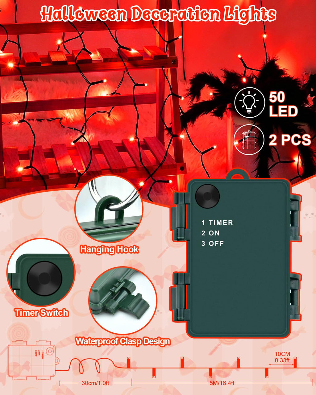 Dalugo 2 Stück Lichterkette Orange, 5M 50 LED Kabel grün mit 6h Timer, IP65 Wasserdicht Batterie für Innen außen dekorationen