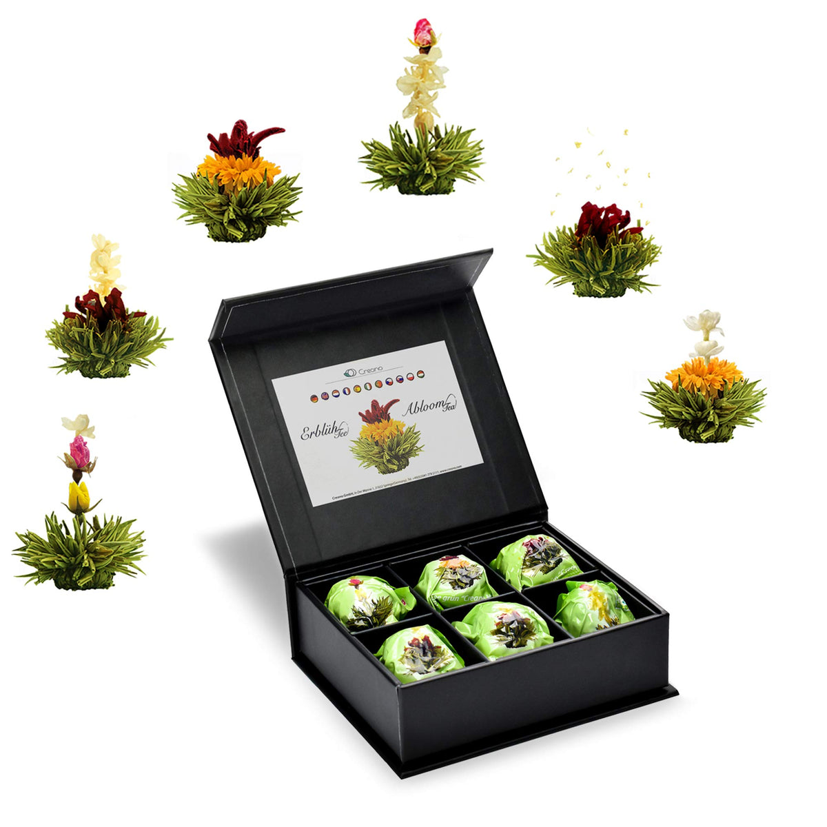Creano 6 Teeblumen Geschenkbox weißer, schwarzer & grüner Tee in edler Magnetbox mit Silberprägung - 6 verschiedene Sorten - Geschenk zu Weihnachten