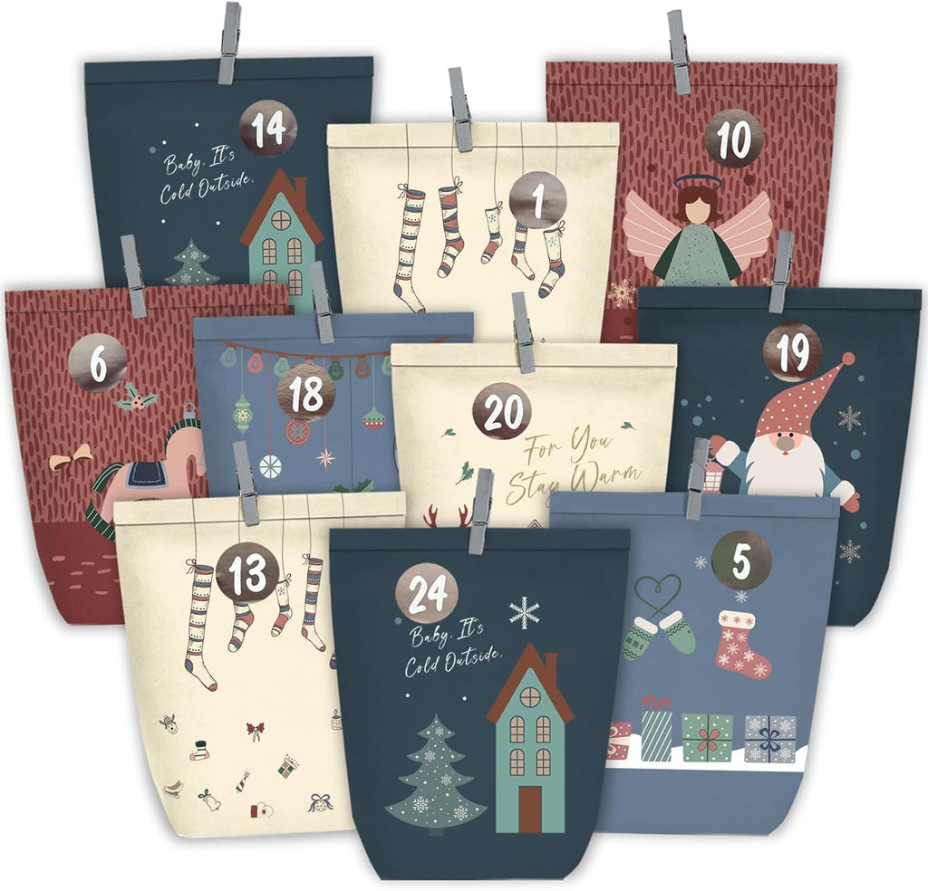 Adventskalender zum Befüllen, 24 Weihnachtskalender Papiertüten zum Selber Basteln, Geschenktüten zum selbst füllen, Advents Tüten Selbstbefüllen für Kinder & Erwachsene