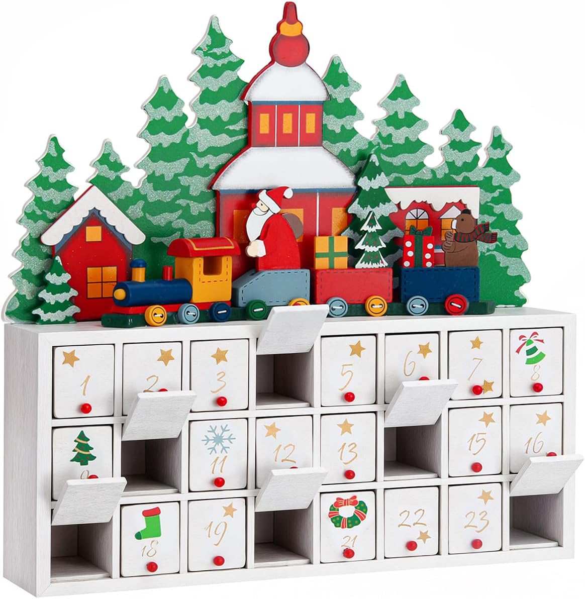 SPIELWERK® Adventskalender Winterlandschaft zum Befüllen wiederverwendbar 24 Türchen Bunt Bemalt Weihnachten Kinder DIY weihnachtliche Holz Dekoration