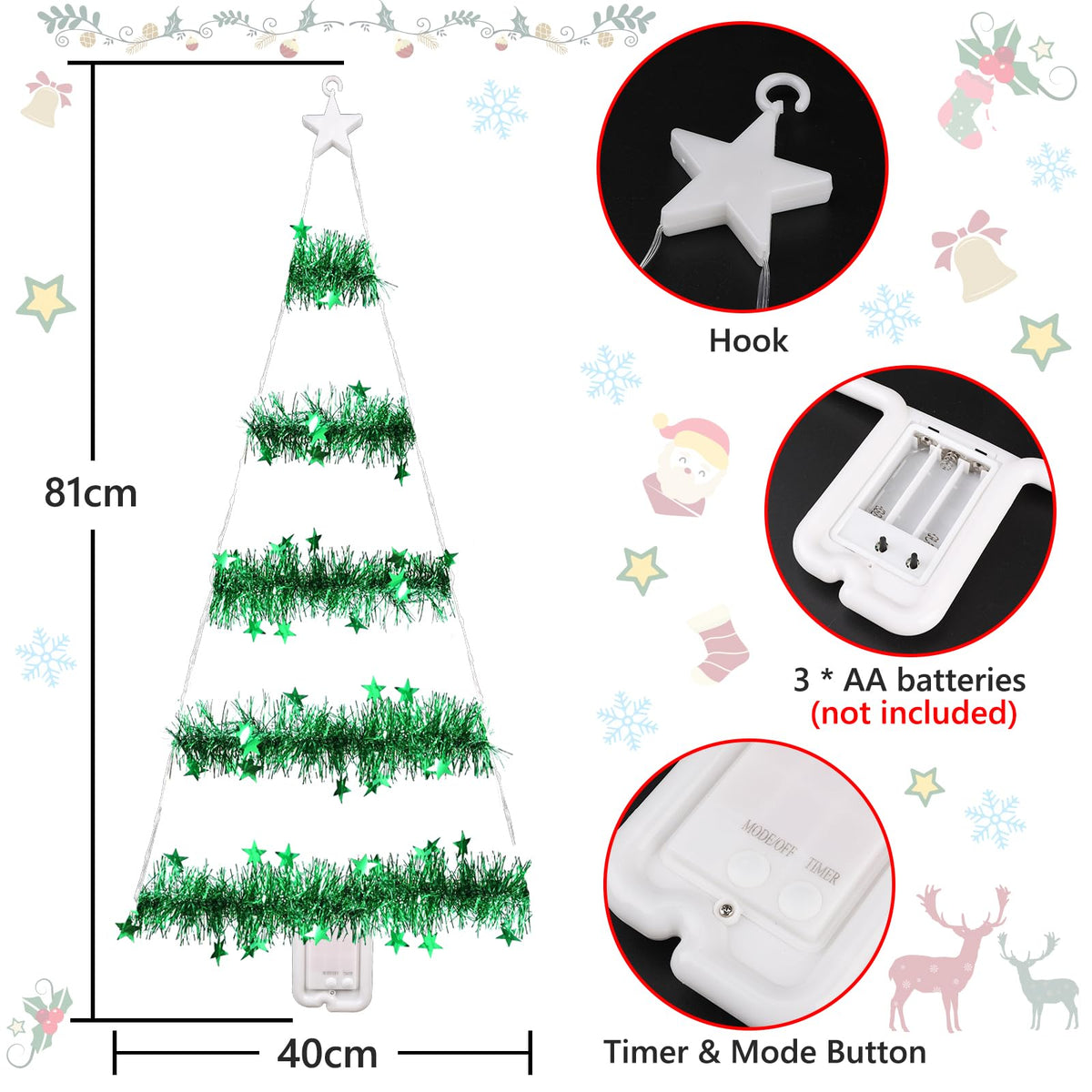 Geemoo LED Weihnachtsmann Leiter Lichterkette - 3 Meter LED Weihnachtsbeleuchtung Strombetrieben mit Timer, Speicherfunktion, 8 Modi, für Innen Außen Weihnachtsbaum Fenster Weihnachten Deko (Warmweiß)