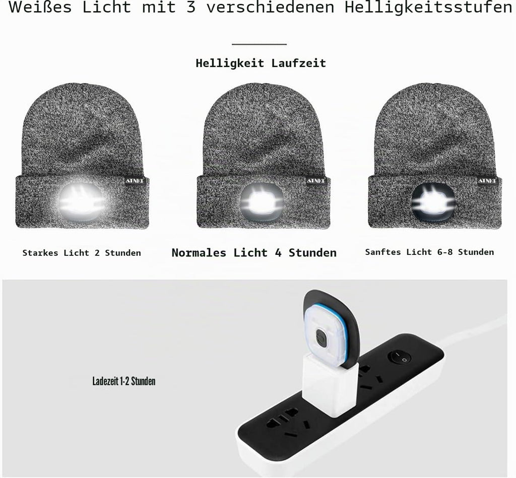 ATNKE LED Beleuchtete Mütze,Wiederaufladbare USB Laufmütze mit Licht Extrem Heller 4 LED Lampe Winter Warme Stirnlampe für Herren und Damen Geschenke