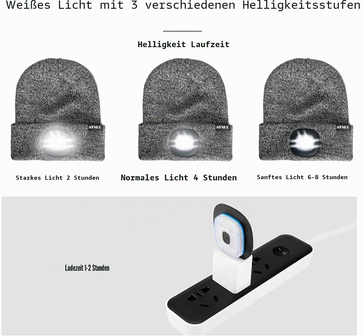 ATNKE LED Beleuchtete Mütze,Wiederaufladbare USB Laufmütze mit Licht Extrem Heller 4 LED Lampe Winter Warme Stirnlampe für Herren und Damen Geschenke
