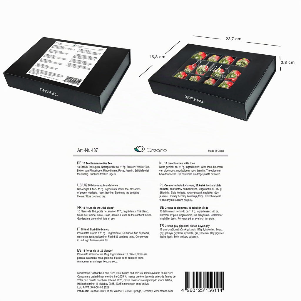 Creano 6 Teeblumen Geschenkbox weißer, schwarzer & grüner Tee in edler Magnetbox mit Silberprägung - 6 verschiedene Sorten - Geschenk zu Weihnachten