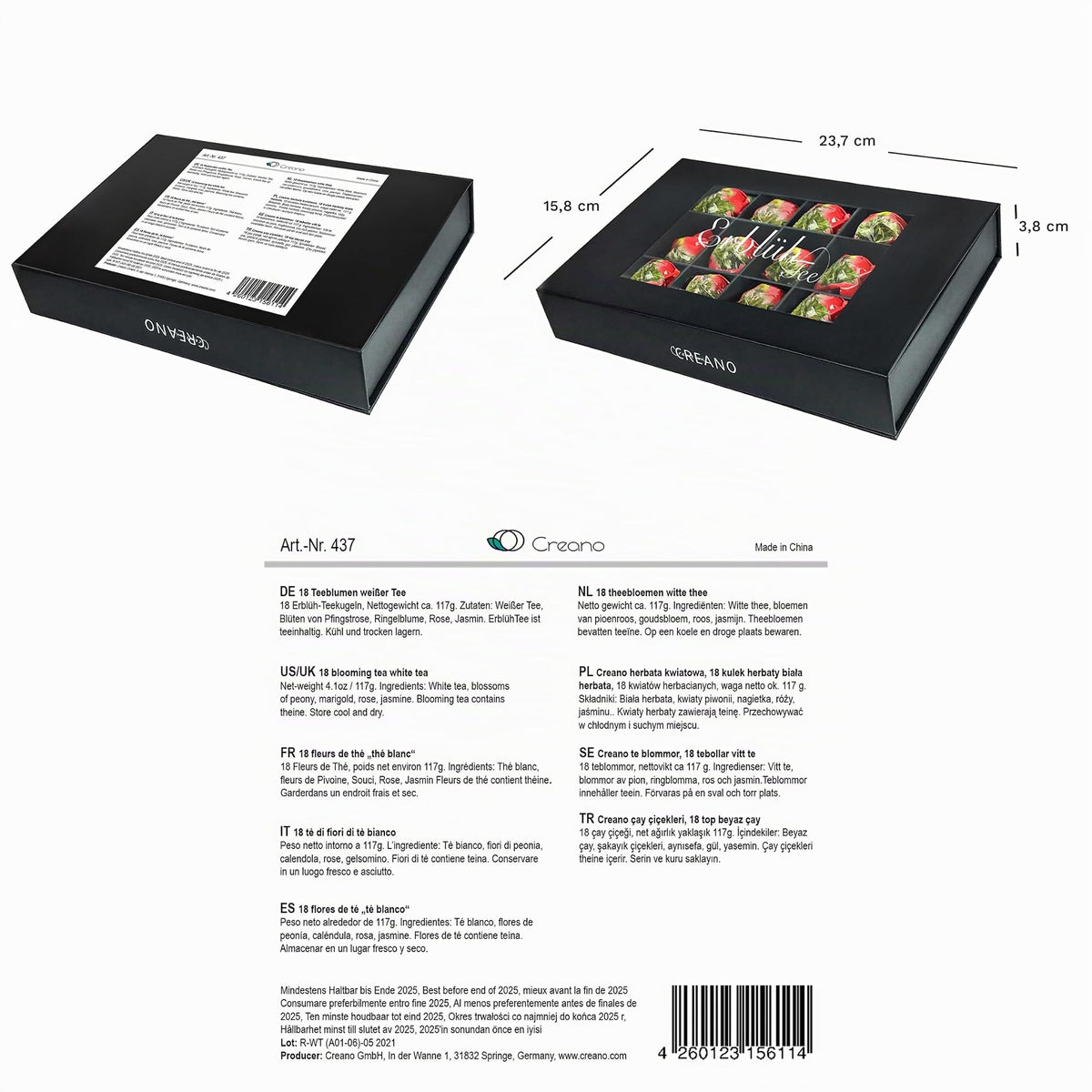 Creano 6 Teeblumen Geschenkbox weißer, schwarzer & grüner Tee in edler Magnetbox mit Silberprägung - 6 verschiedene Sorten - Geschenk zu Weihnachten
