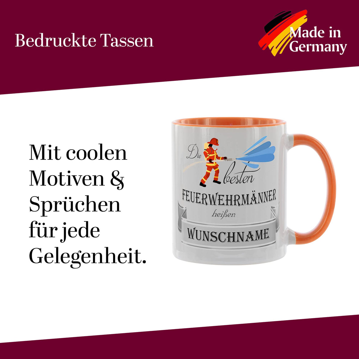 Crealuxe Edelstahltasse mit Karabiner - Die besten Feuerwehrmänner heißen Wunschname - 330ml, Tasse personalisiert, Kaffeetasse, Bürotasse, Metalltasse mit Name