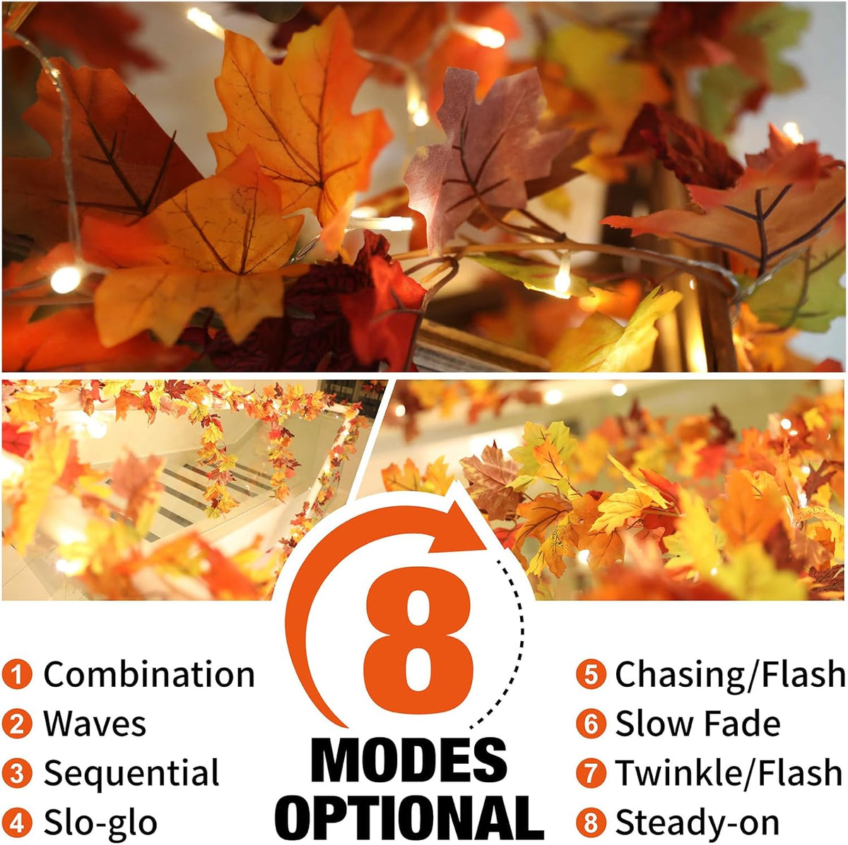 KASZOO 2 Stück Ahornblätter Herbstgirlande Mit 40 LEDs - 176cm/Stück Herbstblätter Girlande,Girlande Herbst Für Zuhause, Garten, Hochzeit, Kamin, Party Weihnachtsdekoration