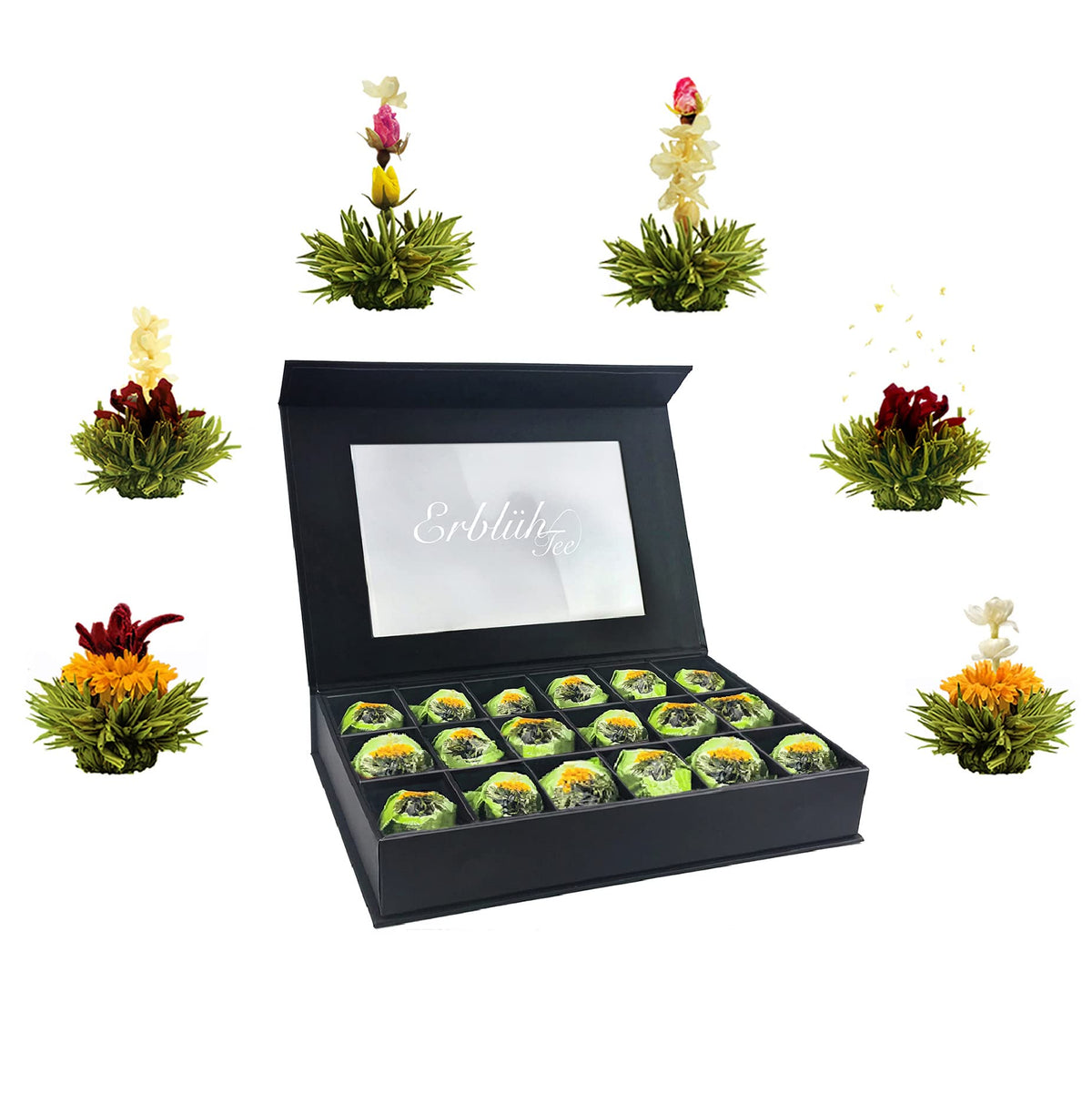 Creano 6 Teeblumen Geschenkbox weißer, schwarzer & grüner Tee in edler Magnetbox mit Silberprägung - 6 verschiedene Sorten - Geschenk zu Weihnachten