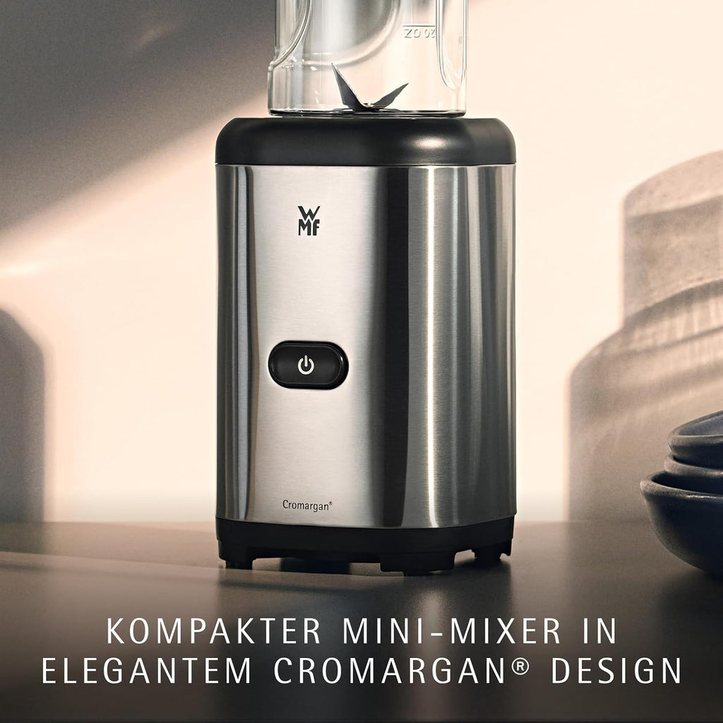 WMF Kult X Mix & Go – Smoothie Maker & Mixer, kompakter Standmixer 300 W mit 0,6 L Tritan-Flasche, 4 Edelstahlklingen, Sicherheitsabschaltung, Shake Mixer aus Cromargan Edelstahl, Deep Black