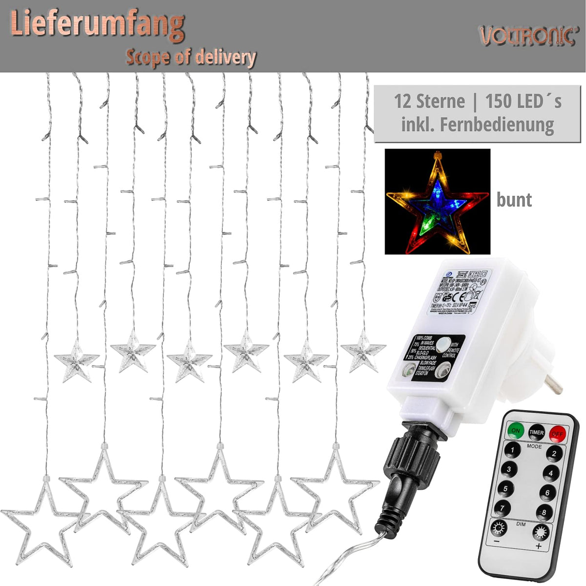 VOLTRONIC LED-Lichtvorhang, für den Innen- und Außenbereich, IP44, Modell und Farbe nach Wahl, Fernsteuerung