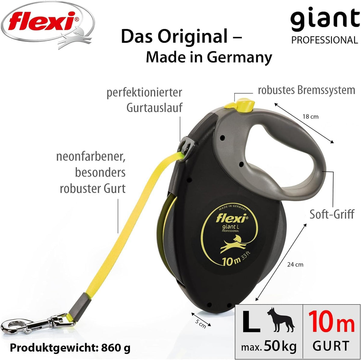flexi® Giant L Hunde Roll-Leine, 10m Gurt, schwarz/neon-gelb