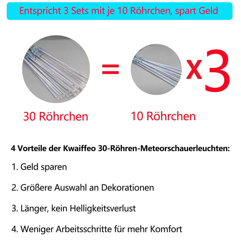 Kwaiffeo Weihnachtsdeko,10 Röhren LED Meteorschauer Lichterkette Außen, Wasserdichte Fallende Regen Lichter für Weihnachten Halloween Weihnachtsbaum Hochzeit Garten Fenster, Mehrfarbig