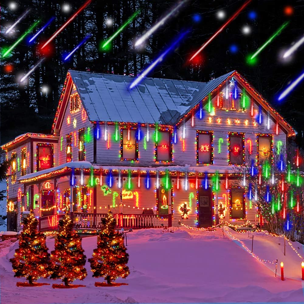 Kwaiffeo Weihnachtsdeko,10 Röhren LED Meteorschauer Lichterkette Außen, Wasserdichte Fallende Regen Lichter für Weihnachten Halloween Weihnachtsbaum Hochzeit Garten Fenster, Mehrfarbig