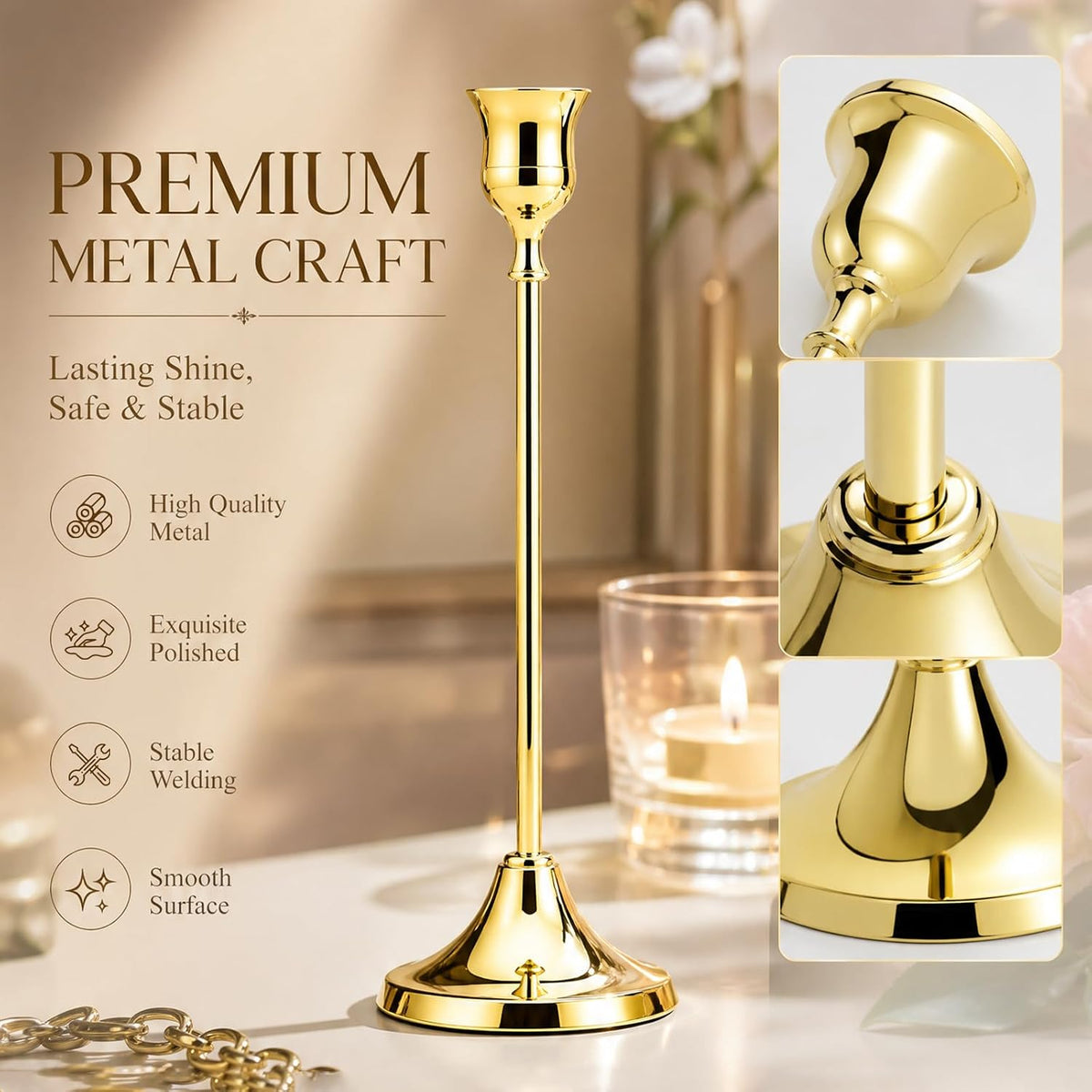 12er Set Goldene Kerzenständer 22/19/16cm – für Tisch, Kamin & Party