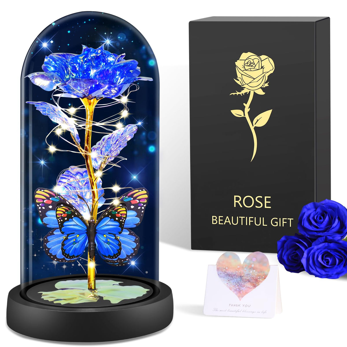 BOLEi Geschenke für Frauen,Ewige Rose im Glas mit LED(Klassisch Rot Rose)