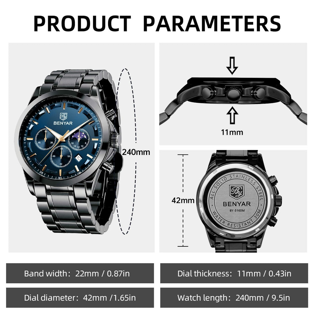 BENYAR BY Uhren Herren Chronograph Analog Quarz Wasserdicht Datum Armbanduhr Herren Mode Business-Kleid Herrenuhr Elegantes Geschenk fur Männer