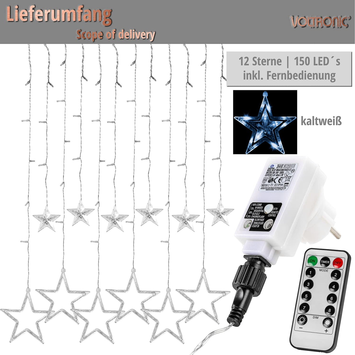 VOLTRONIC LED-Lichtvorhang, für den Innen- und Außenbereich, IP44, Modell und Farbe nach Wahl, Fernsteuerung