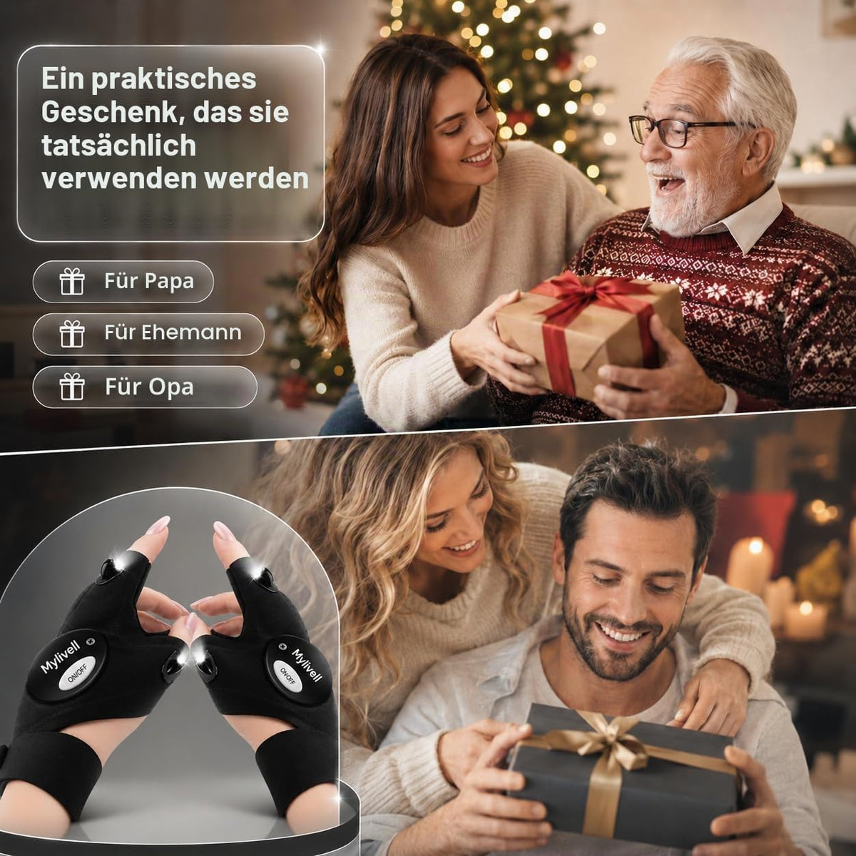 Mylivell Handschuhe mit Licht für Männer – LED Angelhandschuhe, Handschuhe mit LED Licht für Angeln, Camping & Reparaturen, praktische Geschenkidee für Männer, Vatertag Geschenk