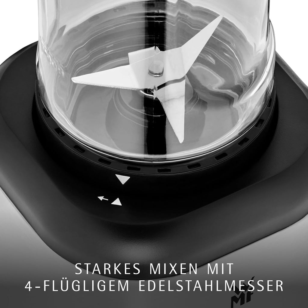 WMF Kult X Mix & Go – Smoothie Maker & Mixer, kompakter Standmixer 300 W mit 0,6 L Tritan-Flasche, 4 Edelstahlklingen, Sicherheitsabschaltung, Shake Mixer aus Cromargan Edelstahl, Deep Black