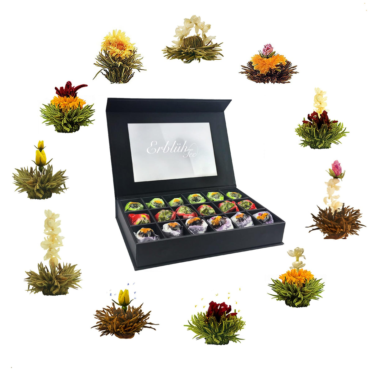 Creano 6 Teeblumen Geschenkbox weißer, schwarzer & grüner Tee in edler Magnetbox mit Silberprägung - 6 verschiedene Sorten - Geschenk zu Weihnachten