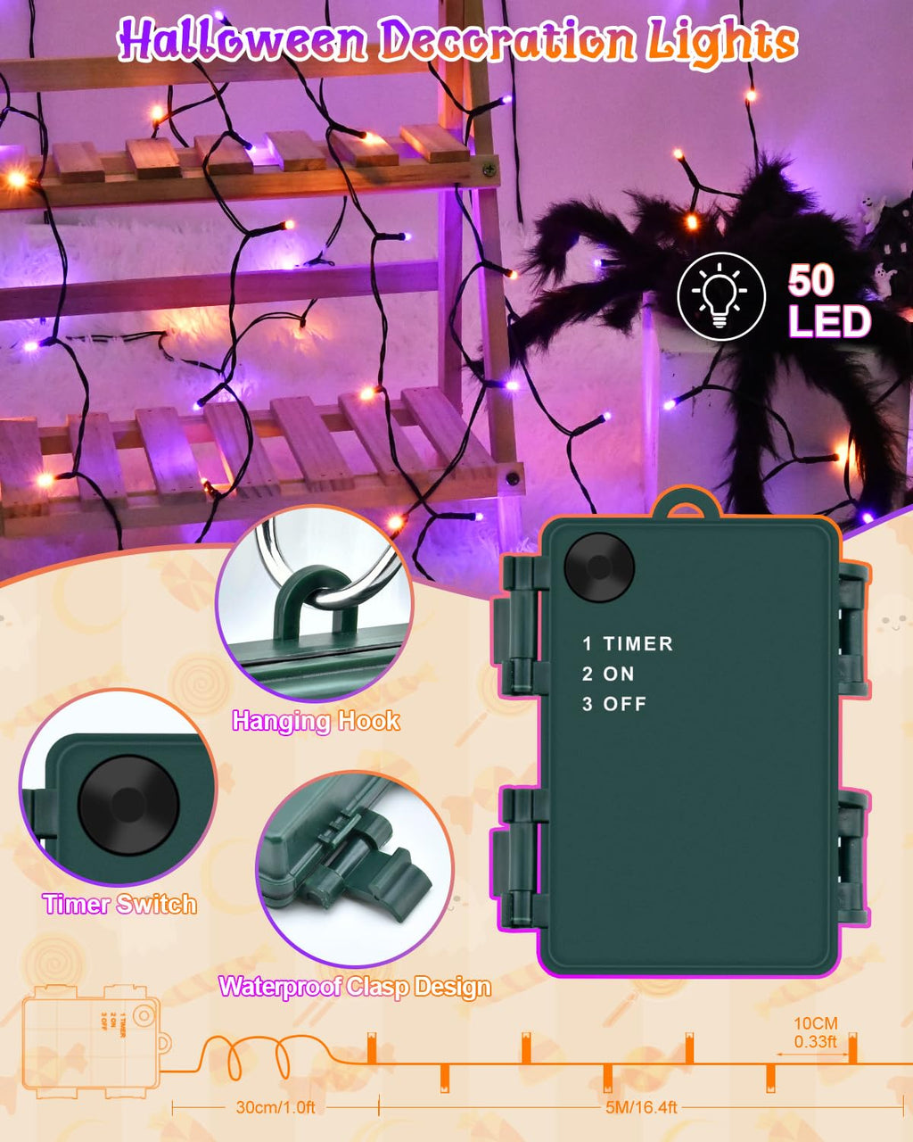 Dalugo 2 Stück Lichterkette Orange, 5M 50 LED Kabel grün mit 6h Timer, IP65 Wasserdicht Batterie für Innen außen dekorationen