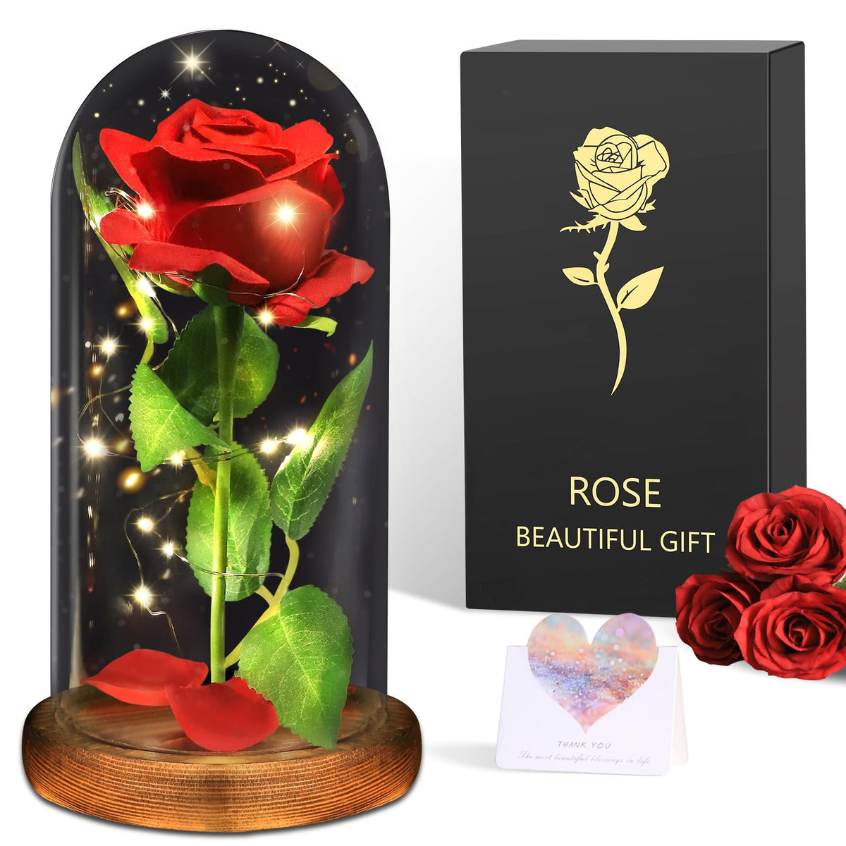 BOLEi Geschenke für Frauen,Ewige Rose im Glas mit LED(Klassisch Rot Rose)