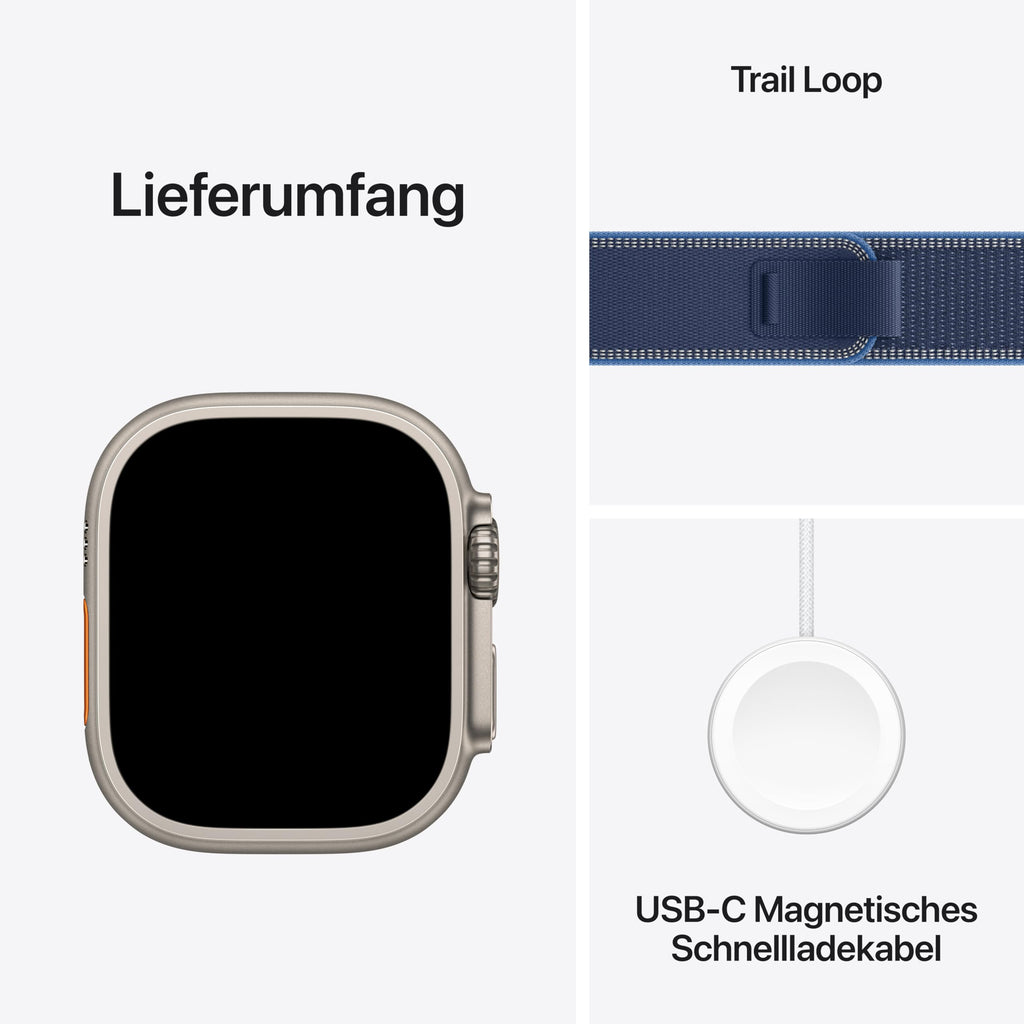 Apple Watch Ultra 3 GPS + Cellular 49 mm Premium Smartwatch für Lauftraining und Kombinationssport mit robustem Titangehäuse in Schwarz und Trail Loop in Schwarz/Kohlegrau (M/L)