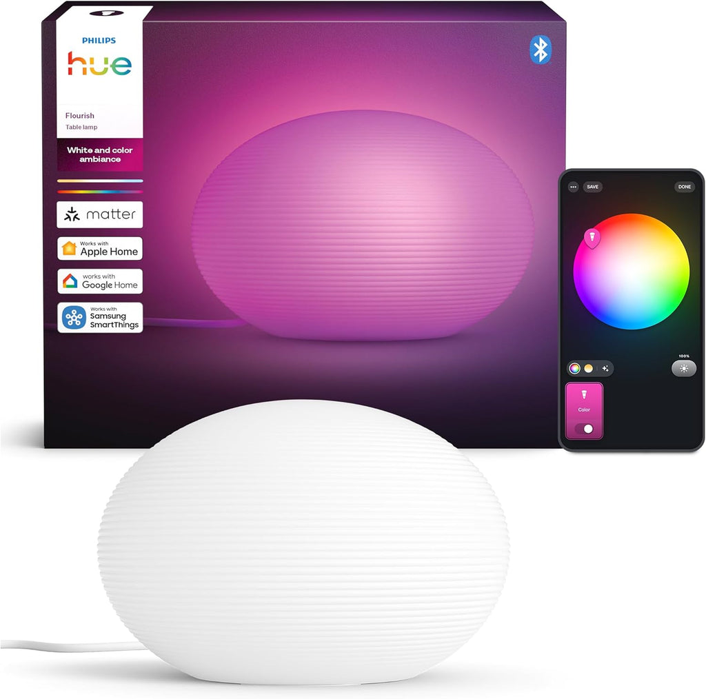 Philips Hue Flourish Tischleuchte, dimmbare LED Leuchte, weißes und farbiges Licht, 16 Millionen Farben, indirekte Beleuchtung über App steuerbar, kompatibel mit Alexa, Neue Generation