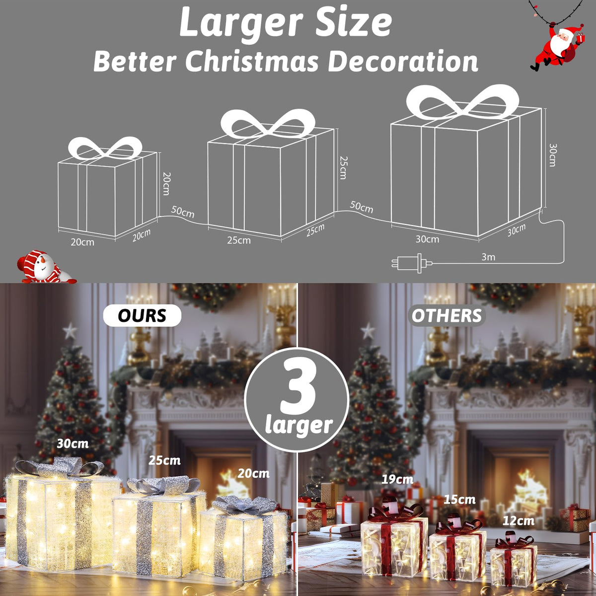 Quntis 3 Set LED Geschenkbox Weihnachtsdeko Innen Aussen 60 warmweiße LEDs
