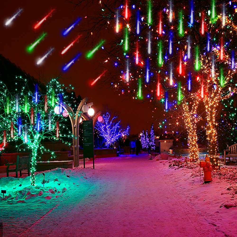 Kwaiffeo Weihnachtsdeko,10 Röhren LED Meteorschauer Lichterkette Außen, Wasserdichte Fallende Regen Lichter für Weihnachten Halloween Weihnachtsbaum Hochzeit Garten Fenster, Mehrfarbig