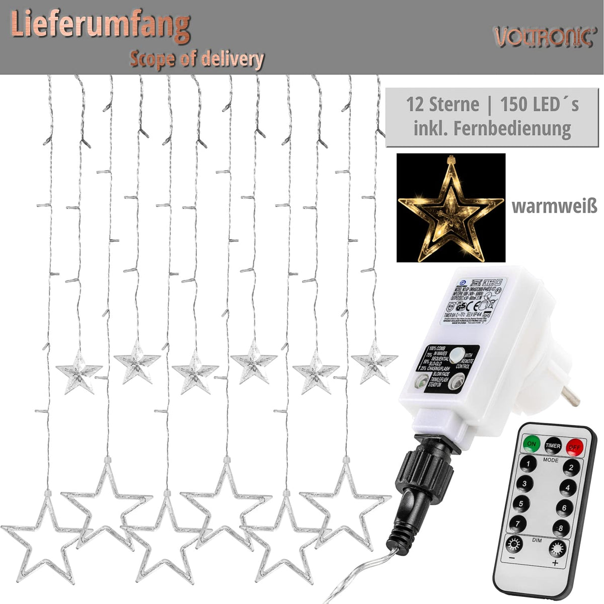VOLTRONIC LED-Lichtvorhang, für den Innen- und Außenbereich, IP44, Modell und Farbe nach Wahl, Fernsteuerung