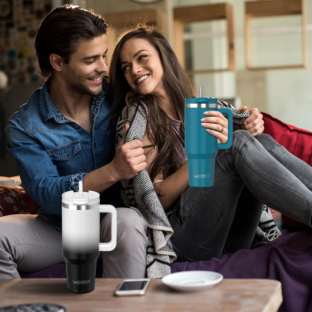 WATERSY 1.2L Thermobecher mit 2 Strohhalmen, Trinkbecher Auslaufsicherer Kaffeebecher To Go Vakuum-Isoliert mit BPA frei Schraubdeckel, Trinkflasche Kühlt 12 Stunden,Tiefseelndigo