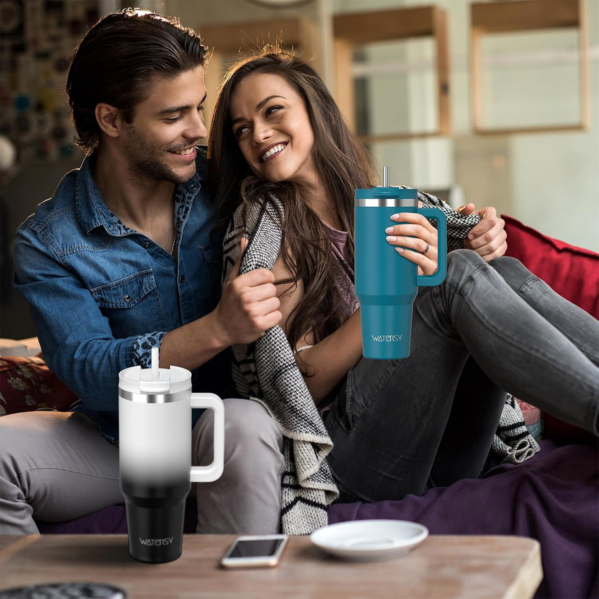 WATERSY 1.2L Thermobecher mit 2 Strohhalmen, Trinkbecher Auslaufsicherer Kaffeebecher To Go Vakuum-Isoliert mit BPA frei Schraubdeckel, Trinkflasche Kühlt 12 Stunden,Tiefseelndigo