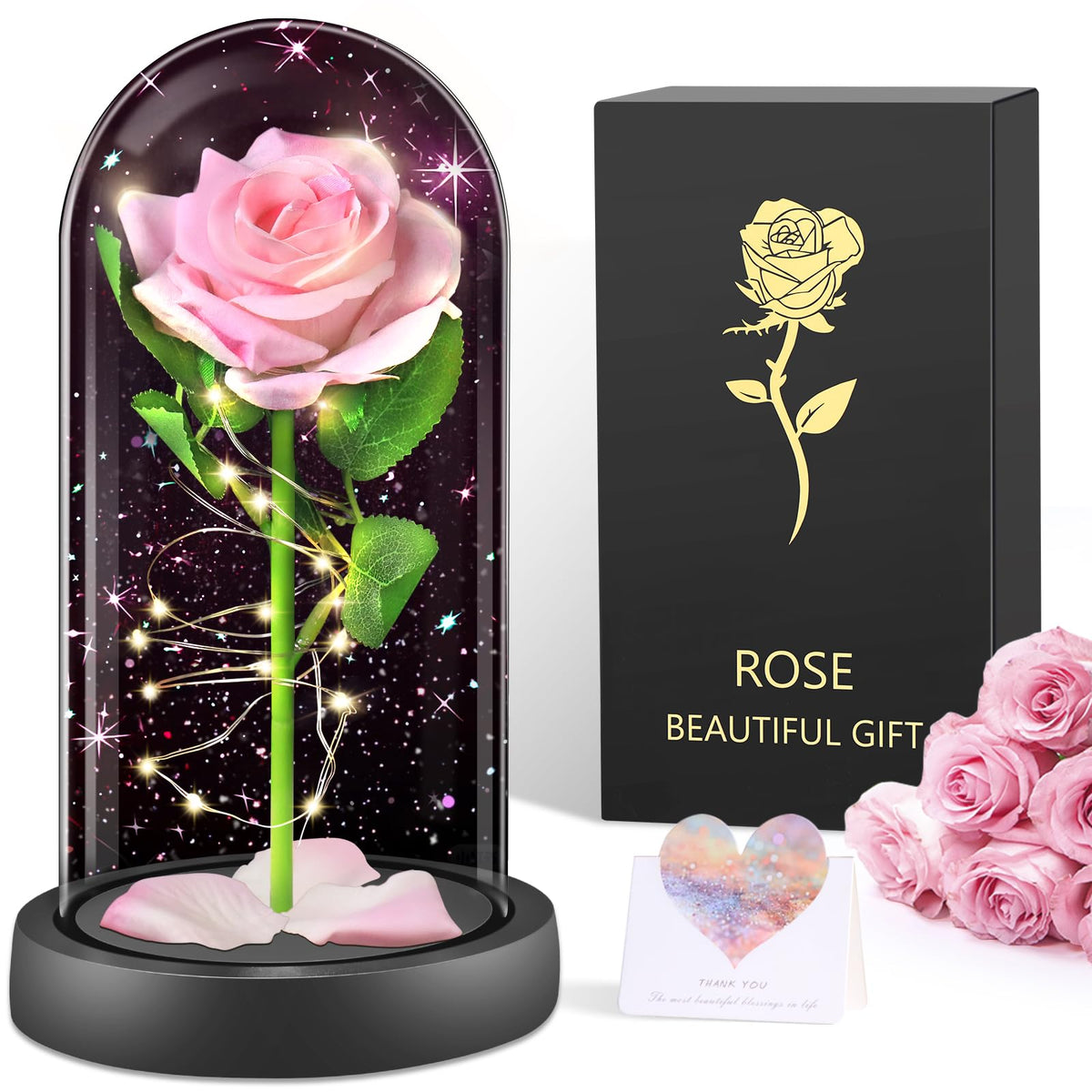 BOLEi Geschenke für Frauen,Ewige Rose im Glas mit LED(Klassisch Rot Rose)