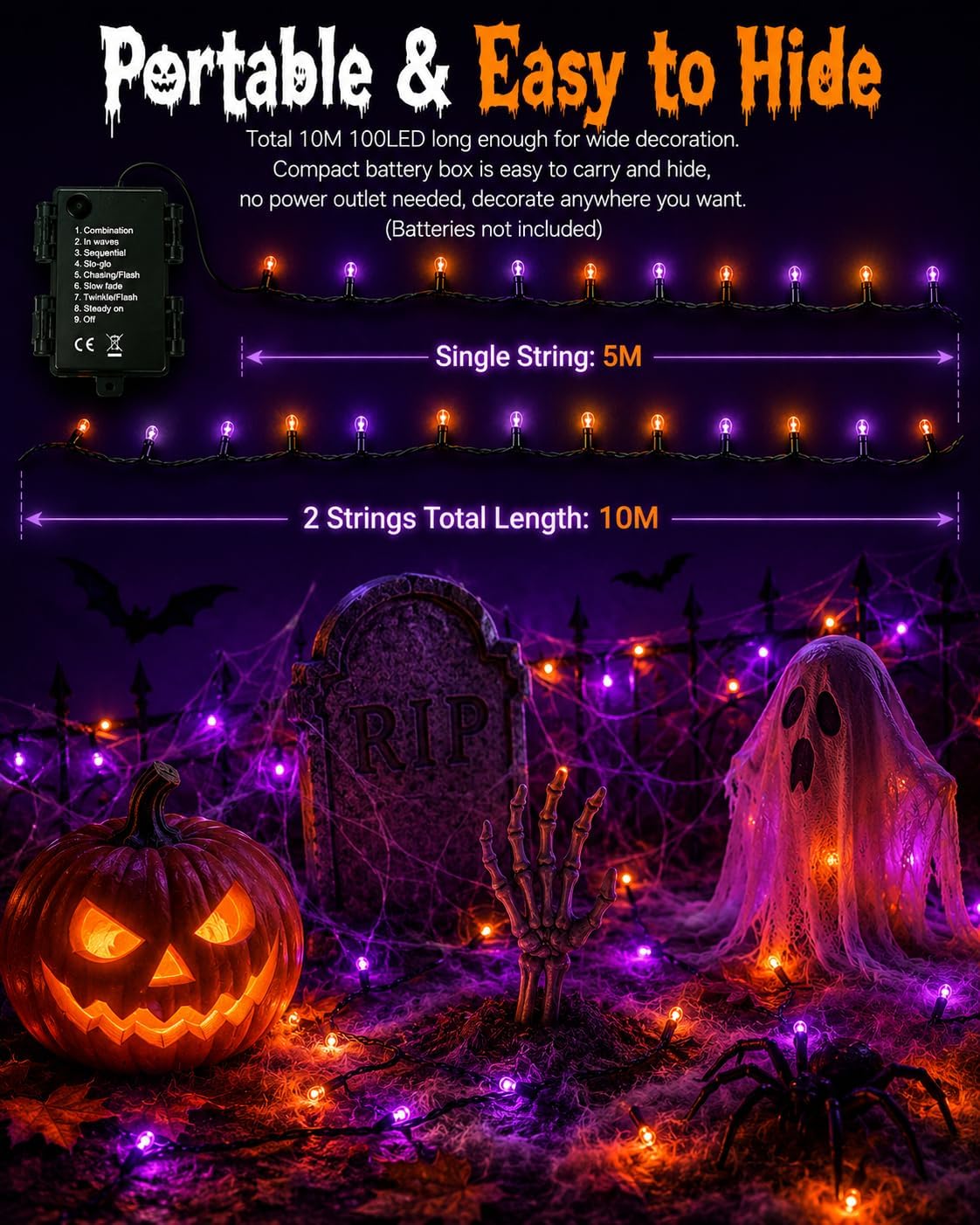 Halloween Lichterkette Orange Lila, 2 Stück Gesamt 10M 100LED Batteriebetrieben, 8 Lichtmodi & 6H Timer, IP65 Wasserdicht, Herbst Halloween Deko für Garten Balkon Schlafzimmer Party Innen Außen