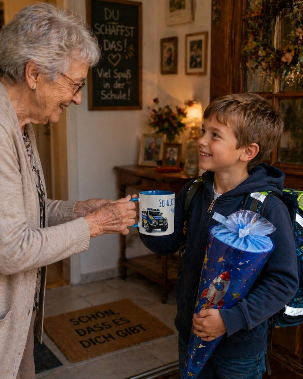 Namenstasse Personalisierte Einschulung Tasse Schulkind 2026 Polizei Motiv mit Wunschname 330ml Keramik spülmaschinenfest Geschenk Schultüte (Feuerwehr)