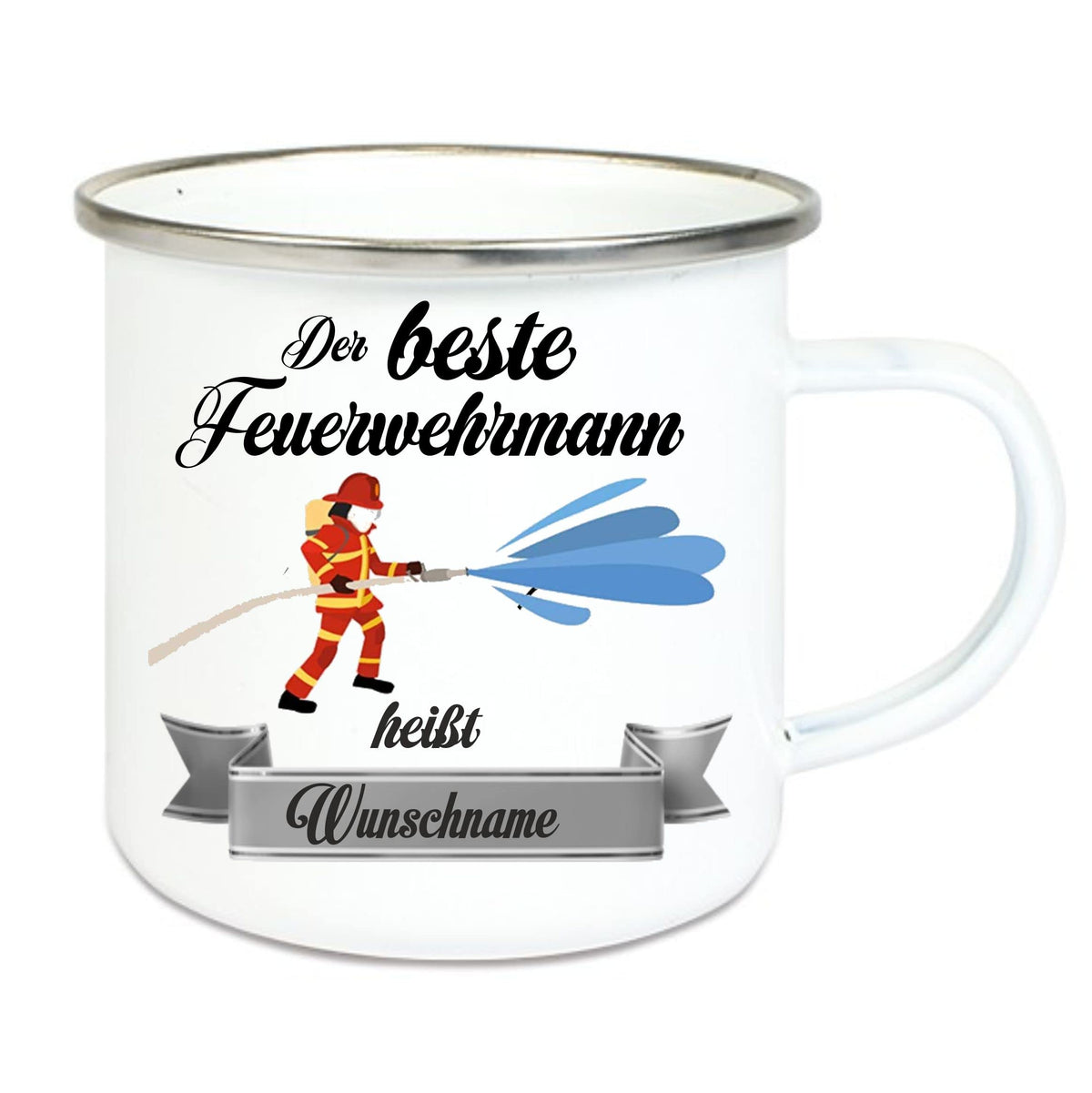 Crealuxe Edelstahltasse mit Karabiner - Der Beste Feuerwehrmann heißt Wunschname - 330ml, Tasse personalisiert, Kaffeetasse, Bürotasse, Metalltasse mit Name