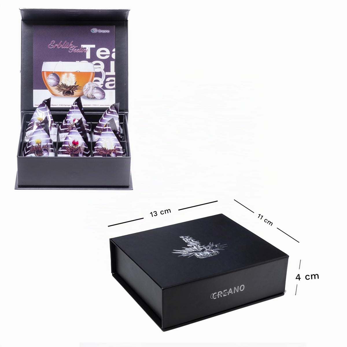 Creano 6 Teeblumen Geschenkbox weißer, schwarzer & grüner Tee in edler Magnetbox mit Silberprägung - 6 verschiedene Sorten - Geschenk zu Weihnachten