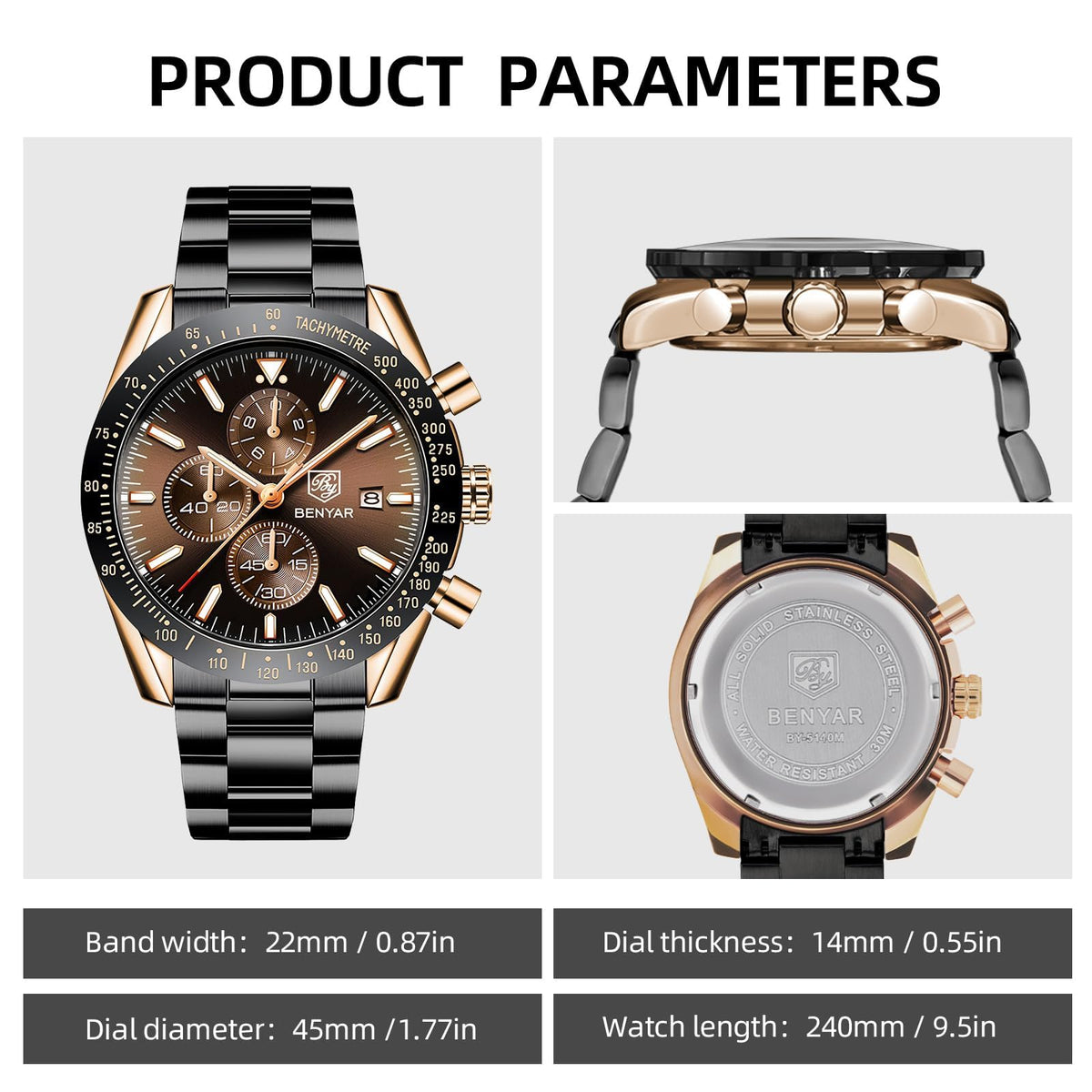 BENYAR Uhren Herren Analog Quarz Chronograph Herrenuhren Wasserdicht Datum Lederband Armbanduhr Lässig Business-Kleid fur Männer Klassische Elegantes Geschenk