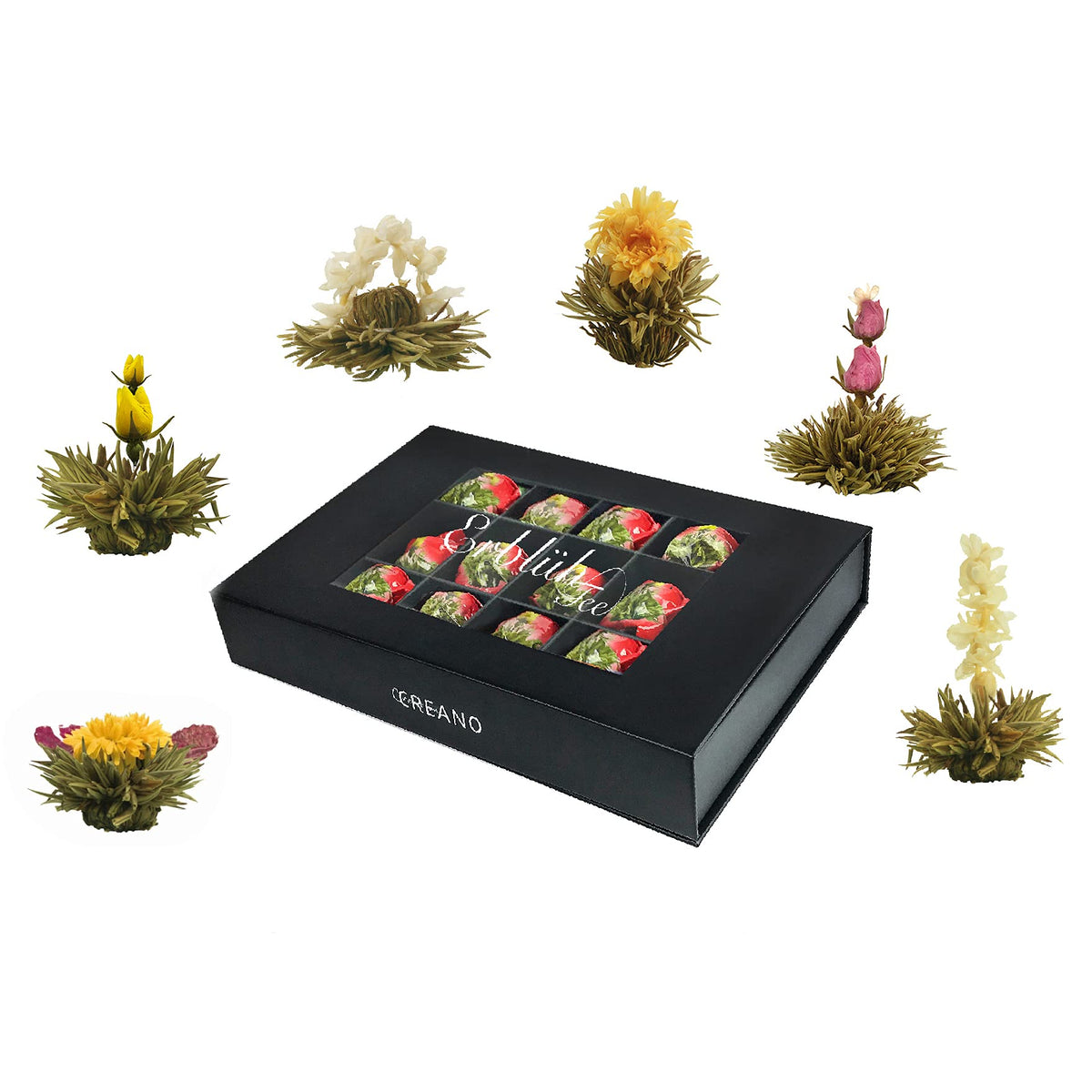 Creano 6 Teeblumen Geschenkbox weißer, schwarzer & grüner Tee in edler Magnetbox mit Silberprägung - 6 verschiedene Sorten - Geschenk zu Weihnachten