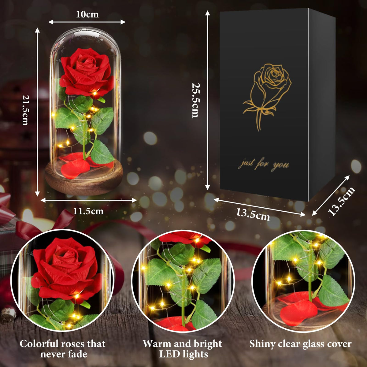 BOLEi Geschenke für Frauen,Ewige Rose im Glas mit LED(Klassisch Rot Rose)