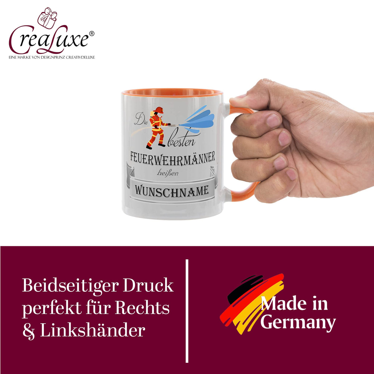 Crealuxe Edelstahltasse mit Karabiner - Die besten Feuerwehrmänner heißen Wunschname - 330ml, Tasse personalisiert, Kaffeetasse, Bürotasse, Metalltasse mit Name