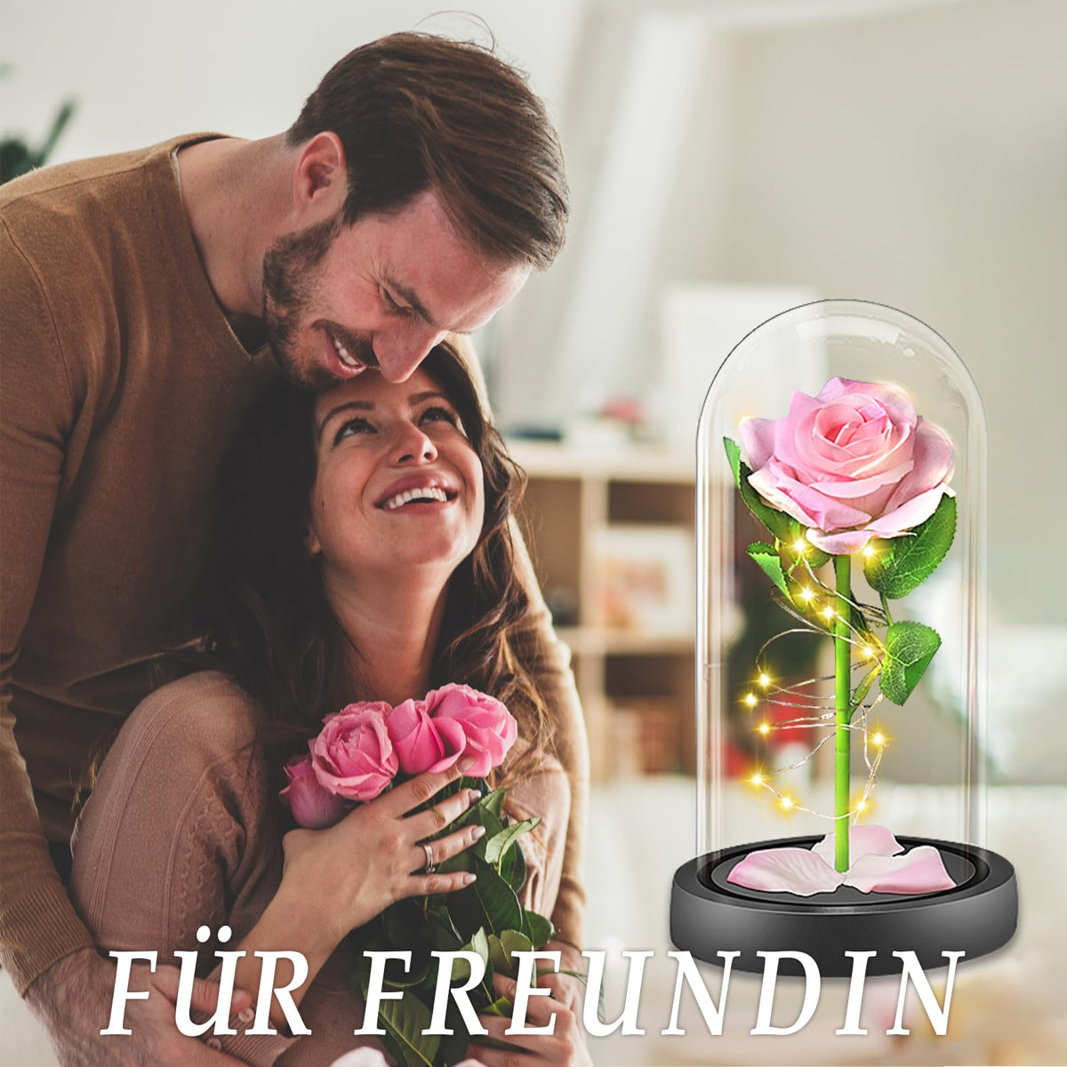 BOLEi Geschenke für Frauen,Ewige Rose im Glas mit LED(Klassisch Rot Rose)
