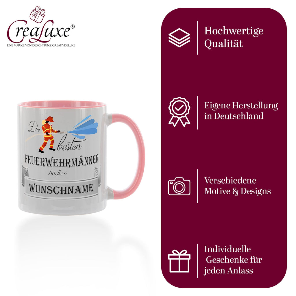 Crealuxe Edelstahltasse mit Karabiner - Die besten Feuerwehrmänner heißen Wunschname - 330ml, Tasse personalisiert, Kaffeetasse, Bürotasse, Metalltasse mit Name