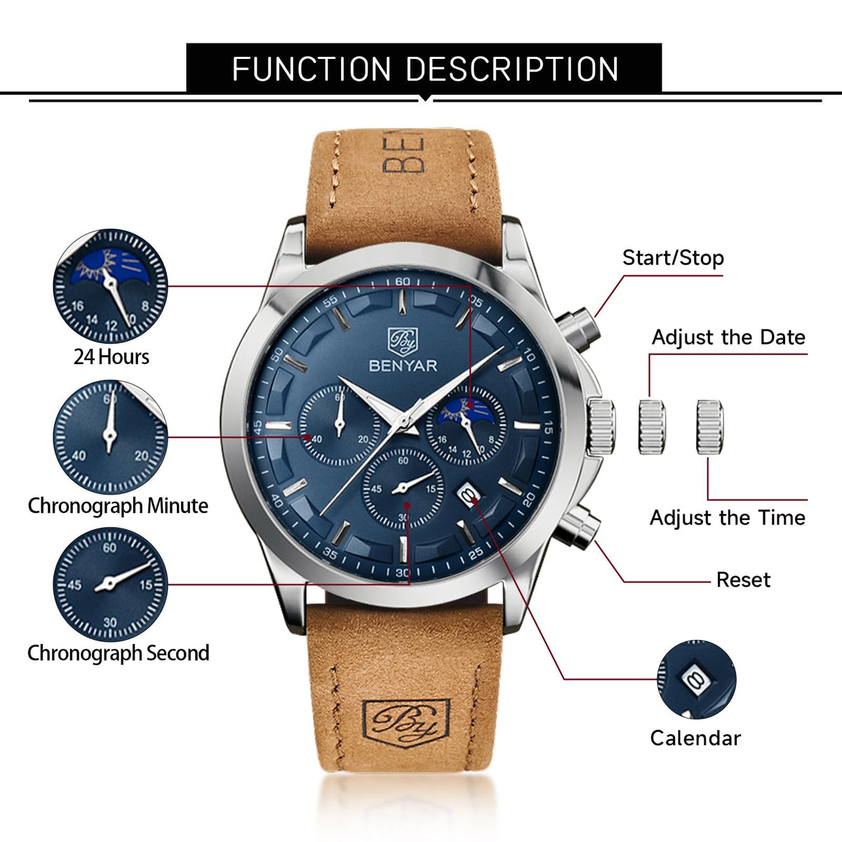 BENYAR BY Uhren Herren Chronograph Analog Quarz Wasserdicht Datum Armbanduhr Herren Mode Business-Kleid Herrenuhr Elegantes Geschenk fur Männer
