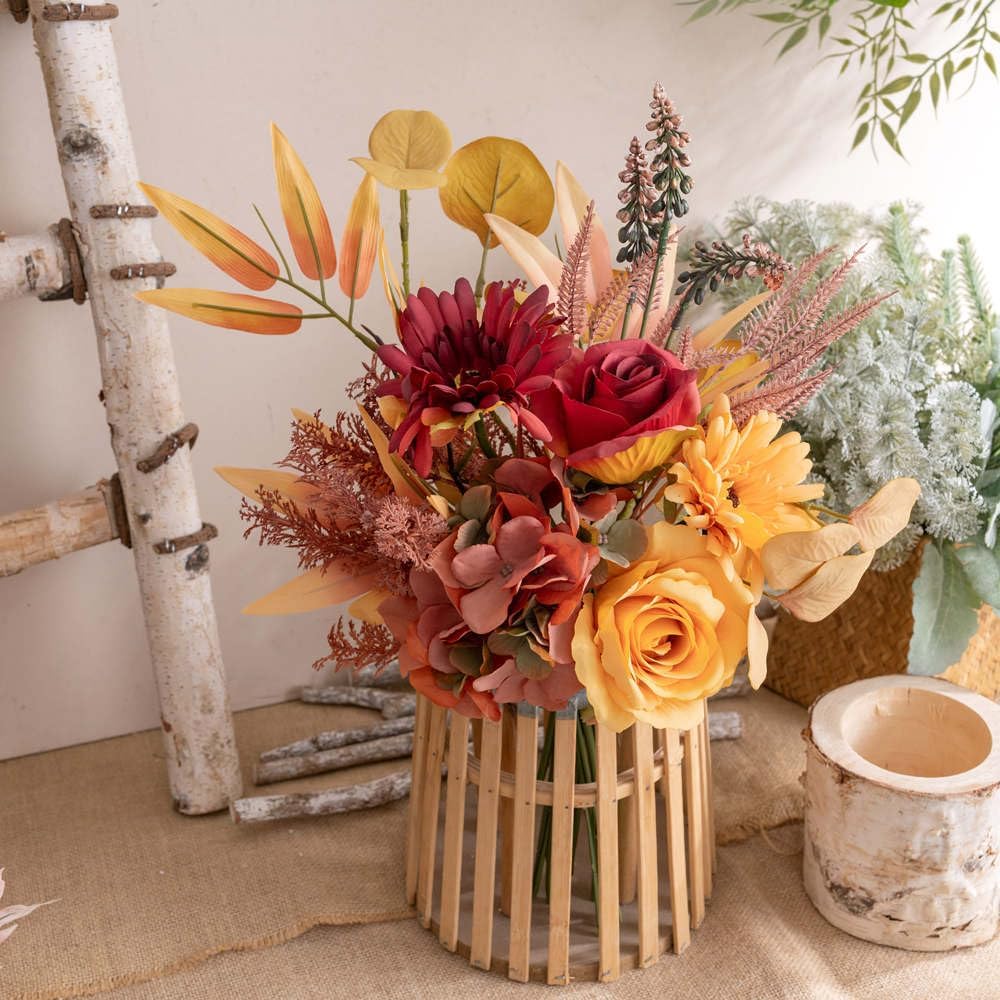 KIRIFLY Kunstblumen Künstliche Pflanzen Blumen Deko Seidenblumen Blumenarrangements Kernstück Hochzeit Blumenstrauß(Herbstrot)