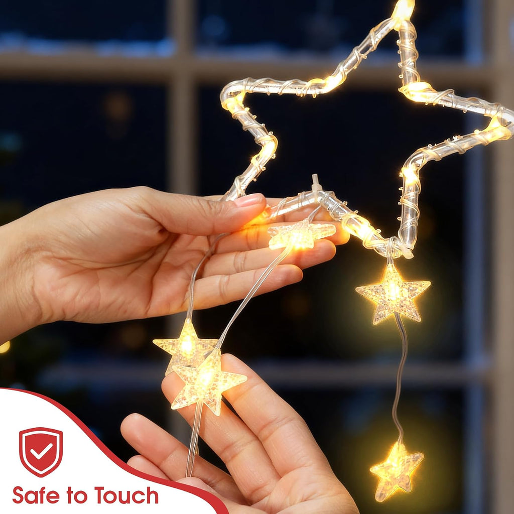 LED Sterne Weihnachtsbeleuchtung, 2 Stück Weihnachtsstern Fenster Lichterkette, Warmweiß Lichtervorhang Innen Batteriebetriebene mit Timer,8 Modi für Weihnachtsdeko Balkon Fest Party Hochzeit